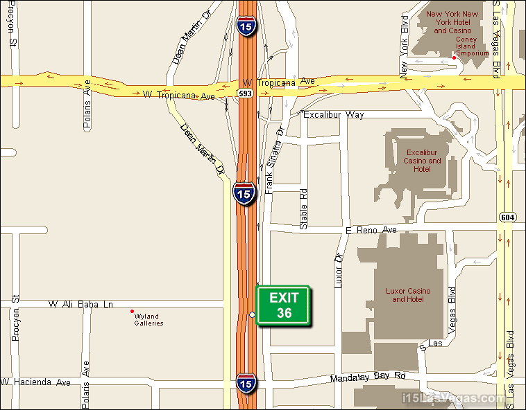 Map of Exit 36 North Bound on Interstate 15 Las Vegas at Tropicana Avenue SR 593