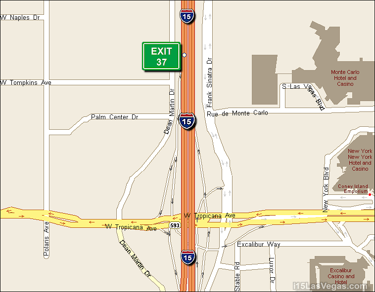 Map of Exit 37 South Bound on Interstate 15 Las Vegas at Tropicana Avenue SR 593