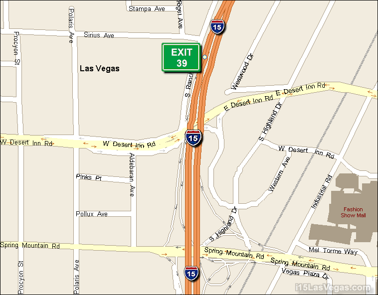 Map of Exit 39 South Bound on Interstate 15 Las Vegas at Spring Mountain Rd.