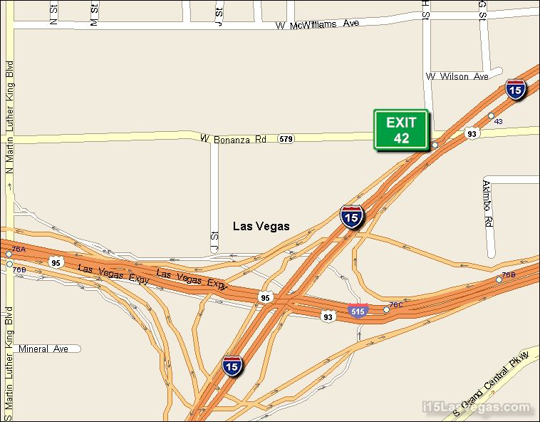 Map of Exit 42 South Bound on Interstate 15 Las Vegas at Las Vegas Expressway US 95