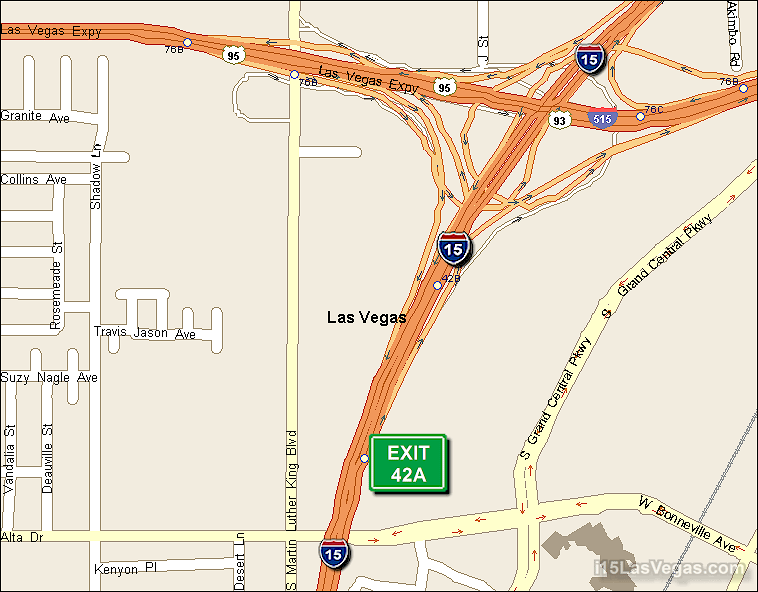 Map of Exit 42A North Bound on Interstate 15 Las Vegas at Las Vegas Expressway