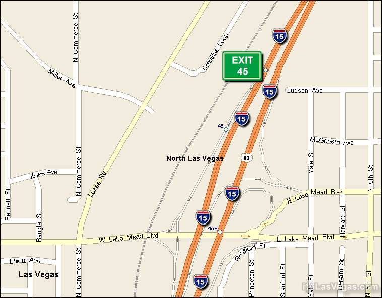 Map of Exit 45 South Bound on Interstate 15 Las Vegas at Lake Mead Blvd. SR 147