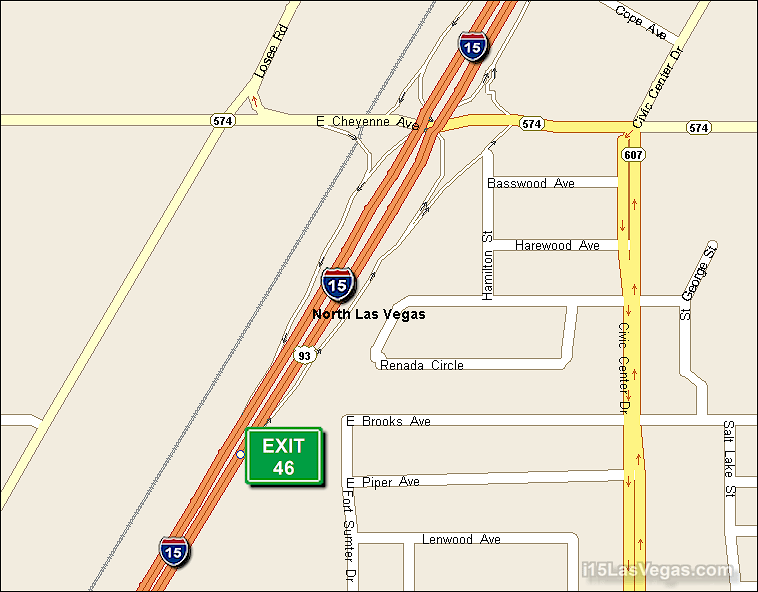 Map of Exit 46 North Bound on Interstate 15 Las Vegas at Cheyenne Ave SR 574